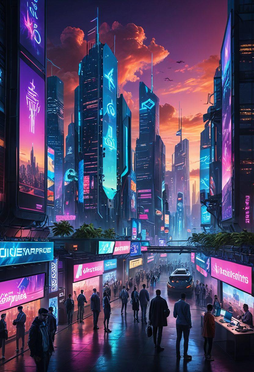 A futuristic city skyline with people engaging in various tech jobs, showcasing diverse professionals working with AI, robotics, and virtual reality. The landscape features digital billboards displaying tech strategies and employment opportunities, with a vibrant sunset in the background. The atmosphere is bustling with innovation, symbolizing a tech-driven world. cyberpunk. vibrant colors. 3D.