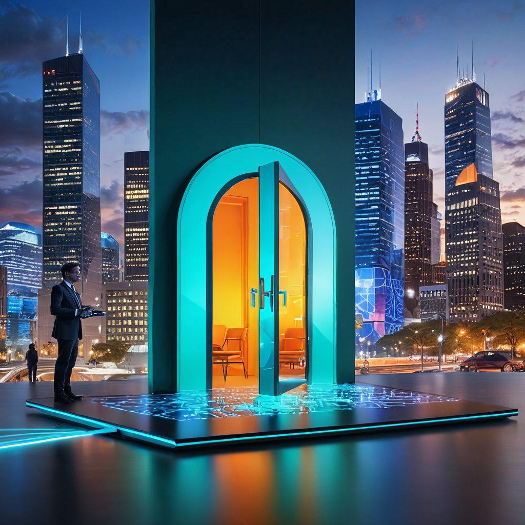 An abstract representation of a digital key unlocking a glowing door, symbolizing opportunities in the job market. Surrounding the door, a network of interconnected technology icons and diverse professionals engaging with digital devices. Vibrant colors to signify innovation and dynamism, with a futuristic cityscape in the background, illustrating the evolving job landscape. super-realistic. vibrant colors. 3D.
