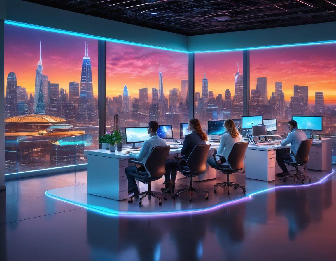A dynamic scene depicting a diverse group of professionals adapting to various technological innovations like AI robots, virtual reality, and automation in a futuristic office setting. Include elements like interactive holograms, advanced gadgets, and a feeling of collaboration and growth among different age groups. Incorporate a city skyline in the background to signify progress and change. super-realistic. vibrant colors. 3D.